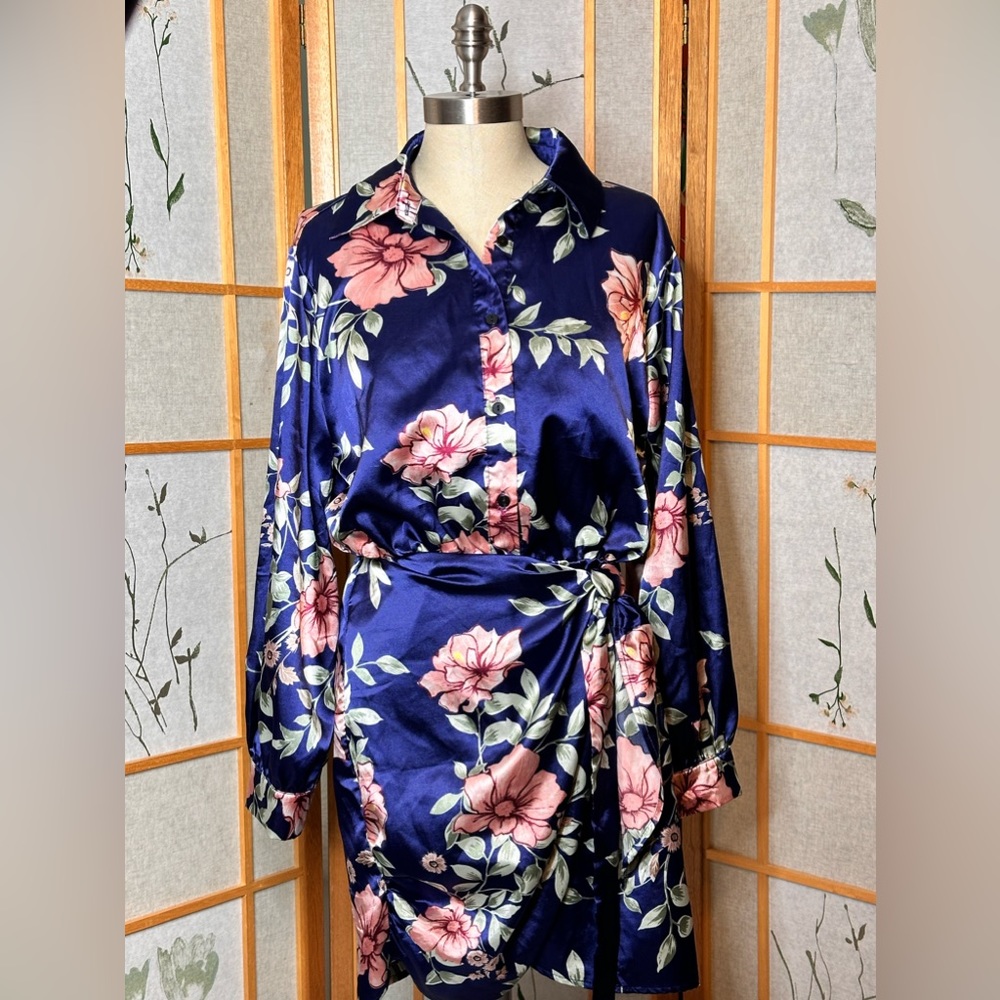 ❤️Floral Print Wrap Knot Side Hem Shirt Dress